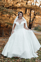 Fototapeta premium Beautiful sensual young bride in long white wedding dress and veil the bride outdoor. Charming autumn bride. Beautiful young woman with makeup and hairstyle 