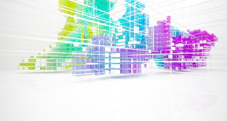 Obraz premium Abstract white and colored gradient glasses interior from array cubes with large window. 3D illustration and rendering.
