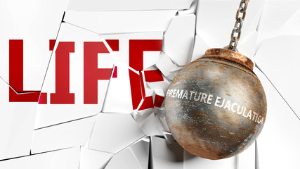 Premature ejaculation and life - pictured as a word Premature ejaculation and a wreck ball to symbolize that Premature ejaculation can have bad effect and can destroy life, 3d illustration - obrazy, fototapety, plakaty