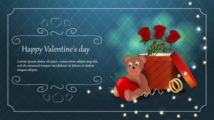 Valentines day greeting card banner bear cub with a heart sitting next to a box and flowers roses garland of light bulbs frame