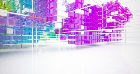 Abstract white and colored gradient glasses interior from array cubes with large window. 3D illustration and rendering.