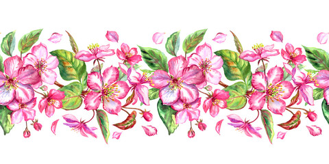 Seamless border of flowering branches of the red apple tree, watercolor illustration, floral print for fabric, and other designs.