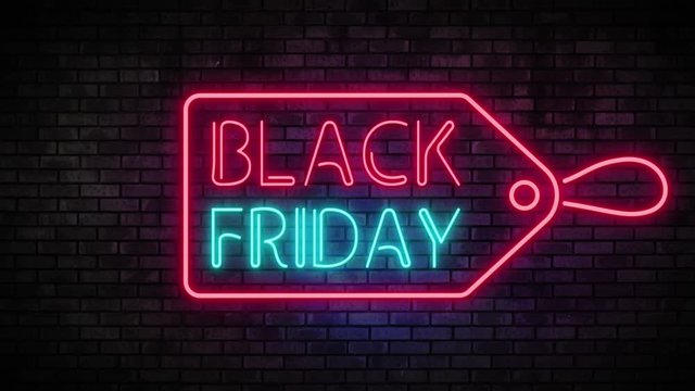 Black Friday and Sale Tag Neon Light on Brick Wall. Sale Banner in Night Club Bar Blinking Neon Sign Style. Motion Animation. Video available in 4K FullHD and HD render footage