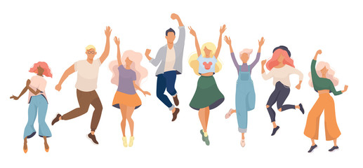 Group of young happy dancing people or male and female dancers isolated on white background. Modern flat illustration for web banner, marketing material, business presentation, online advertising. 