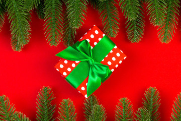 Top view of gift box and fir tree branches on colorful background. Merry Christmas concept with empty space for your design