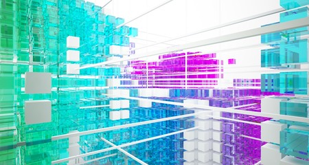 Abstract white and colored gradient glasses interior from array cubes with large window. 3D illustration and rendering.