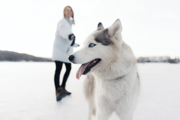 Happy young girl playing with siberian husky dog in winter park