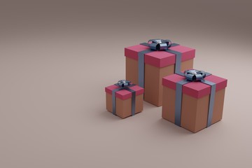 Gift boxes with shiny ribbons and bow. Festive packaging, minimalistic design for postcards or advertising stores.