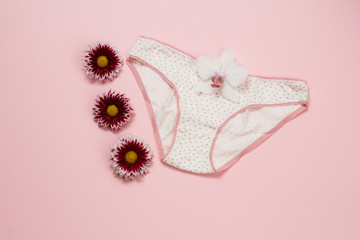 Beautiful women's cotton panties on pink background.