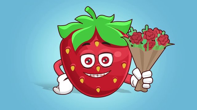 Cartoon Strawberry Face Animation give a bouquet of flowers with Alpha Matte