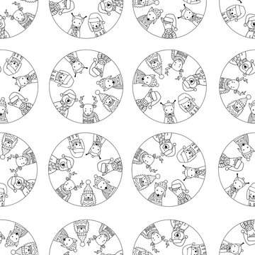 Seamless pattern, coloring page with funny winter animals in a circle