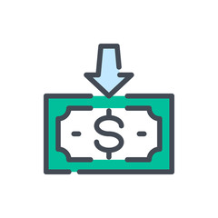 Receive money and cashback color line icon. Dollar note with arrow down vector outline colorful sign.