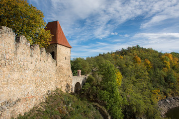 Fototapeta na wymiar Castle tower climbing out of the forest in autumn.