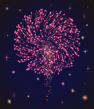 Bright festive firework on holiday celebration. Pyrotechnics show on evening sky among stars. Entertainment for people on diwali. Colorful explosions illustration. Vector picture in flat style
