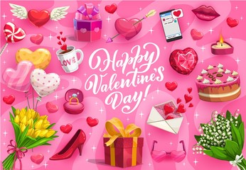 Happy Valentines Day romantic gifts vector greeting card. Love hearts, chocolate and balloons, wedding ring, flower bouquets and letter envelope, Cupid arrow, candy, cake and present box with ribbon