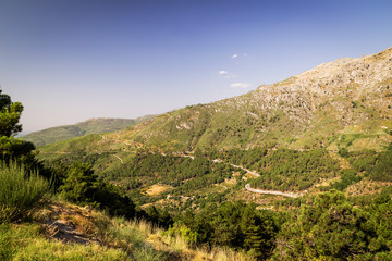 Panoramic of some beautiful green mountains with paths and stones