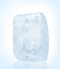 Chrystal clear frosted natural ice block in cold light blue tones on reflective surface. Clipping...