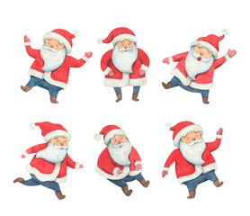 Collage Santa Claus watercolor illustration. Santa Claus in different poses. Happy new year illustration. Christmas fun costume character. Holiday traditional items.