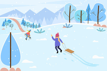 Child waving to mother. Kid pulling sledges walking to mom. People leading active lifestyle sloping downhill. Winter landscape with trees and mountains. Snowy hills and frost outdoors vector