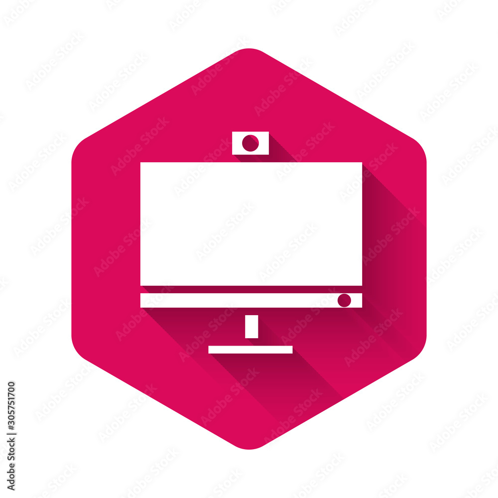 Poster white computer monitor icon isolated with long shadow. pc component sign. pink hexagon button. vecto