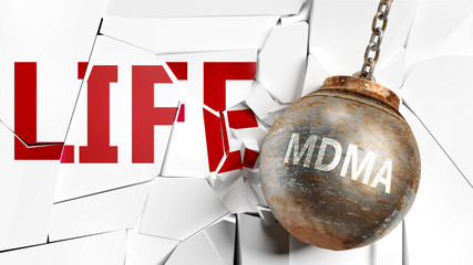 Mdma and life - pictured as a word Mdma and a wreck ball to symbolize that Mdma can have bad effect and can destroy life, 3d illustration