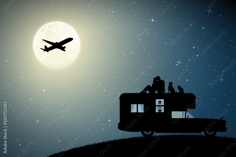 Sticker lovers and pets on roof of retro car on moonlit night. vector illustration with silhouette of couple