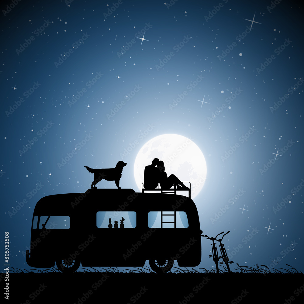 Sticker lovers and dog on roof of retro car on moonlit night. vector illustration with silhouette of couple 