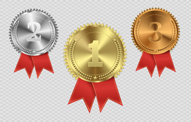 Champion medails with red ribbon. Banner. Winner award competition, prize medal and banner for text. Award medals isolated on transparent background. Vector illustration of winner concept.