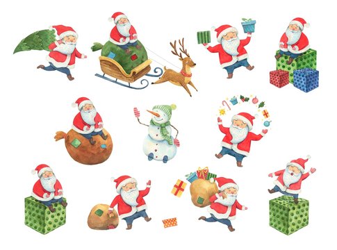 Collection of Christmas watercolor Santa Claus. Santa and new year characters in different poses. Santa is riding a sleigh with a reindeer with gifts. happy new year aqarelle poster isolated
