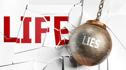 Lies and life - pictured as a word Lies and a wreck ball to symbolize that Lies can have bad effect and can destroy life, 3d illustration