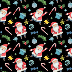 Watercolor Seamless pattern with funny Santa Claus. The texture on black background