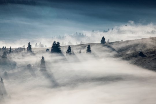 Landscape misty panorama.Foggy clouds above forest trees. View below to fairy nature. Bucovina,Romania © szaboerwin