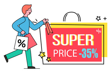 Super price vector, isolated banner in form of bag with handle. Man carrying packages with purchases, exclusive offer 35 percent off reduction of price. Male using clearance and deal of shop