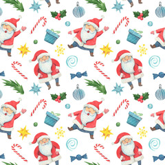 Watercolor Seamless pattern with funny Santa Claus. The texture on white background
