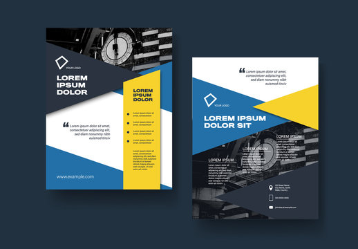 Flyer Layout with Blue and Yellow Triangles 