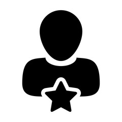 Employee icon vector with star male user person profile avatar symbol for rating in a glyph pictogram illustration