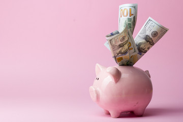 Piggy bank and golden coin. Savings and finance concept