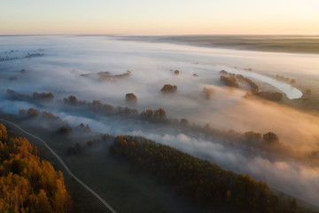 Fototapeta premium Sunny and foggy morning over the river, fog in the sun.