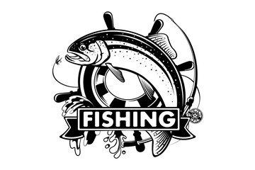 Rainbow trout jumping out water.Salmon isolated on white background. Concept art for horoscope, tattoo or colouring book.