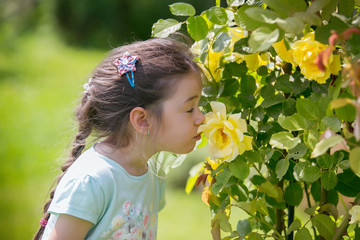 Little girl in the garden full of flowers