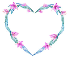  Watercolor heart frame with pink flowers.