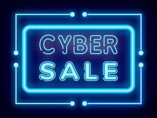 Cyber sale vector, isolated neon font and frame. Clearance of shops, promotional poster with offer of store. Advertising of discounts and proposals on market. Retro style frame and text illustration