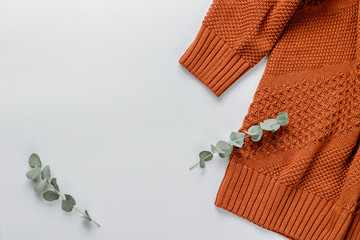 Winter composition. Orange sweater and a branch of eucalyptus on a white background. Autumn, winter concept. Flat lay, top view, copy space