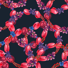 Seamless pattern with watercolor macaron, grapes and other berries.