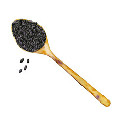 Wooden spoon with black sesame grains.