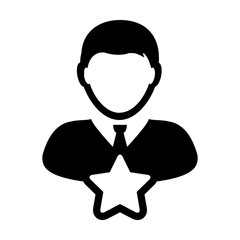 Favorite icon vector with star male user person profile avatar symbol for rating in a glyph pictogram illustration