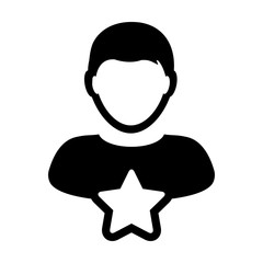 Review icon vector with star male user person profile avatar symbol for rating in a glyph pictogram illustration