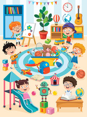 Little Children Studying And Playing At Preschool Classroom