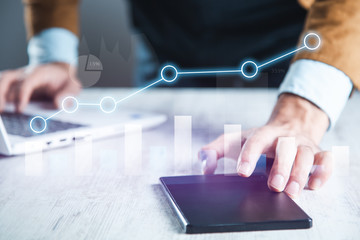 man hand tablet and neatwork in screen