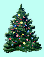 New Year tree, watercolor drawing. Template for a greeting card.
